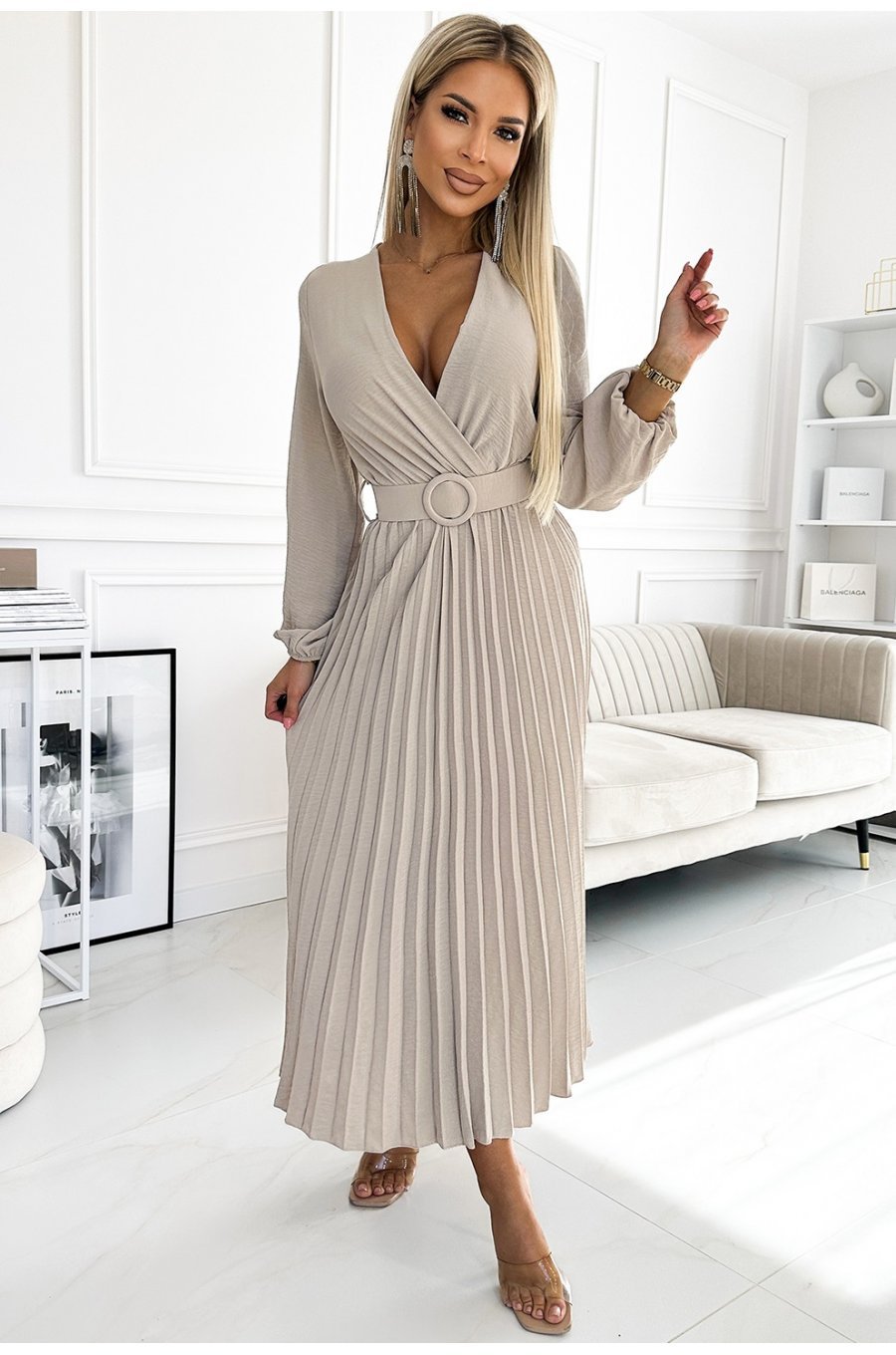 Rochie midi din voal bej plisata cu maneca lunga Viviana 1 - jojofashion.ro