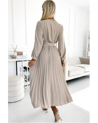 Rochie midi din voal bej plisata cu maneca lunga Viviana Rochii de zi, Rochie midi din voal bej plisata cu maneca lunga Viviana - jojofashion.ro