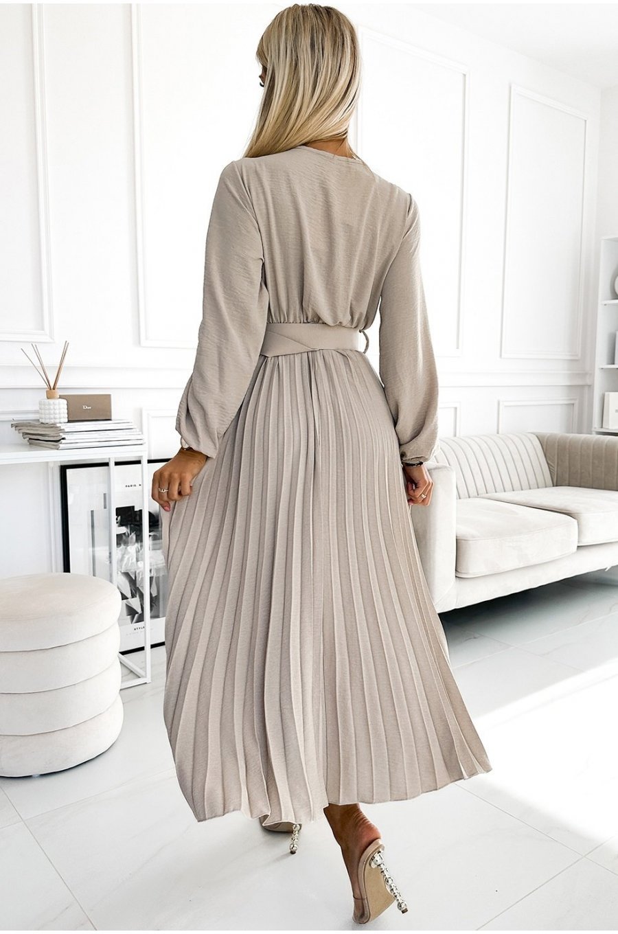 Rochie midi din voal bej plisata cu maneca lunga Viviana 2 - jojofashion.ro