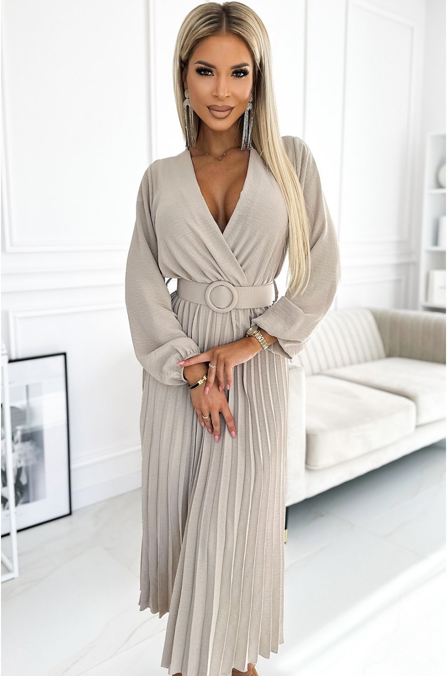 Rochie midi din voal bej plisata cu maneca lunga Viviana 3 - jojofashion.ro