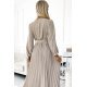 Rochie midi din voal bej plisata cu maneca lunga Viviana 5 - jojofashion.ro