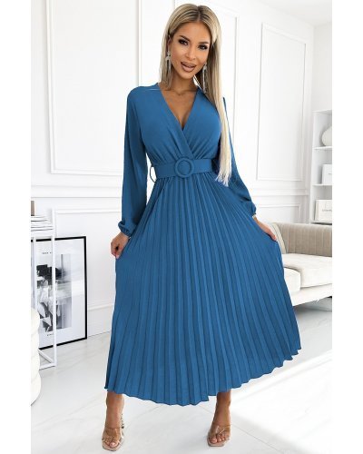 Rochie din voal blue sky plisata midi cu maneca lunga Viviana Rochii de zi, Rochie din voal blue sky plisata midi cu maneca lunga Viviana - jojofashion.ro