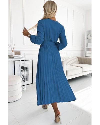 Rochie din voal blue sky plisata midi cu maneca lunga Viviana Rochii de zi, Rochie din voal blue sky plisata midi cu maneca lunga Viviana - jojofashion.ro
