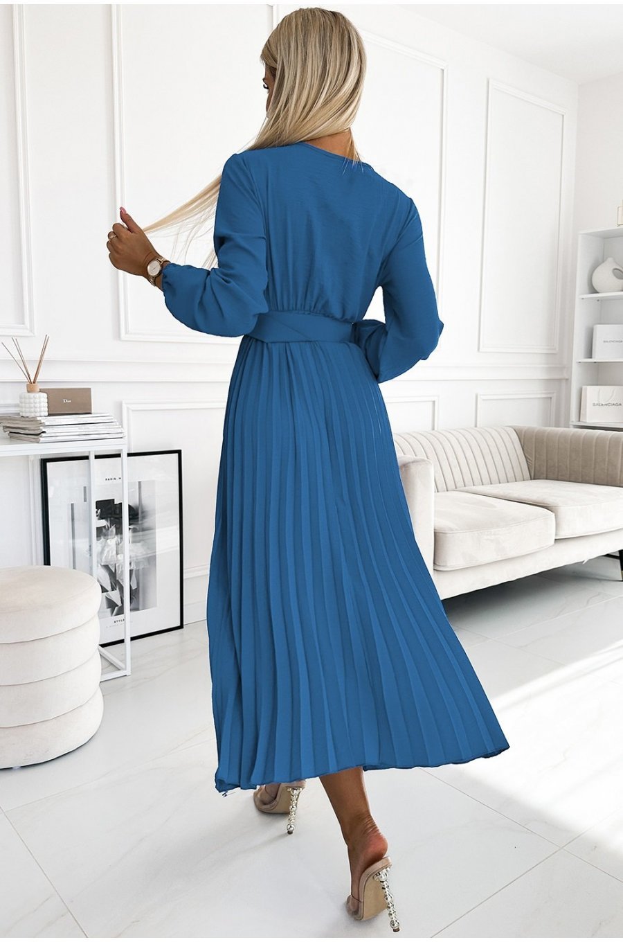 Rochie din voal blue sky plisata midi cu maneca lunga Viviana 2 - jojofashion.ro