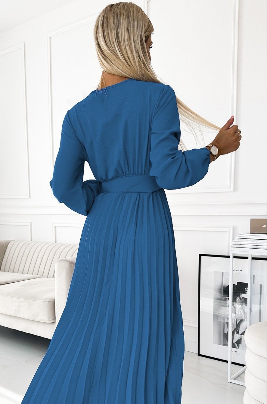Rochie din voal blue sky plisata midi cu maneca lunga Viviana 4 - jojofashion.ro