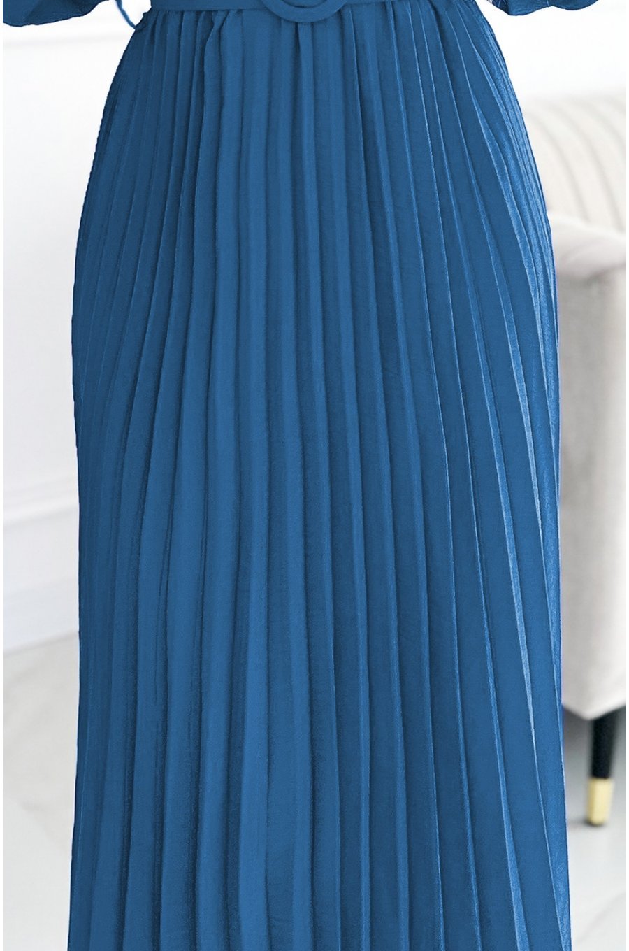 Rochie din voal blue sky plisata midi cu maneca lunga Viviana 5 - jojofashion.ro
