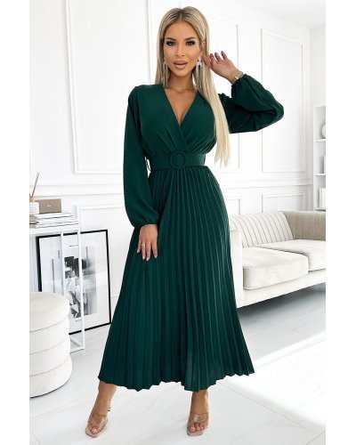 Rochie midi verde smarald din voal plisata cu maneca lunga Viviana Rochii de zi, Rochie midi verde smarald din voal plisata cu maneca lunga Viviana - jojofashion.ro