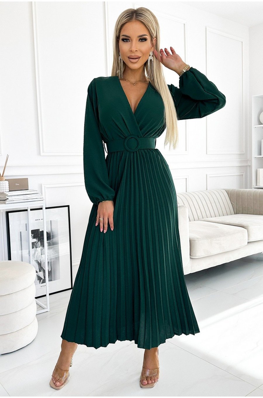 Rochie plisata midi, din voal, verde smarald, cu maneca lunga, petrecuta, Viviana 1 - jojofashion.ro