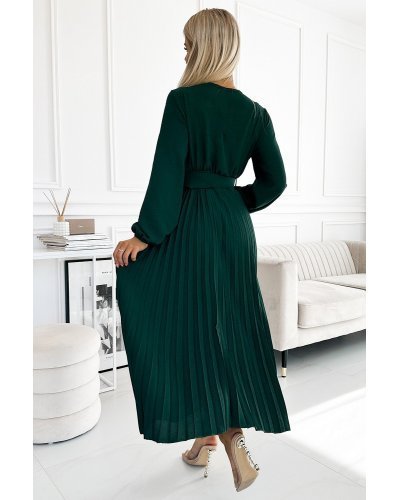 Rochie midi verde smarald din voal plisata cu maneca lunga Viviana Rochii de zi, Rochie midi verde smarald din voal plisata cu maneca lunga Viviana - jojofashion.ro