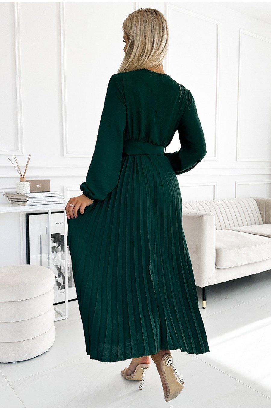 Rochie plisata midi, din voal, verde smarald, cu maneca lunga, petrecuta, Viviana 2 - jojofashion.ro