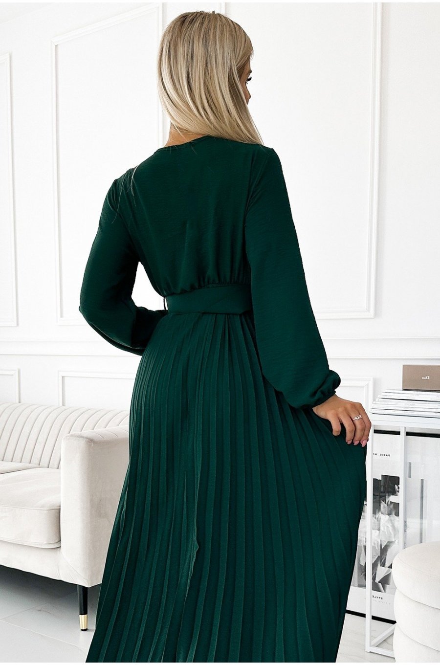 Rochie midi verde smarald din voal plisata cu maneca lunga Viviana 4 - jojofashion.ro
