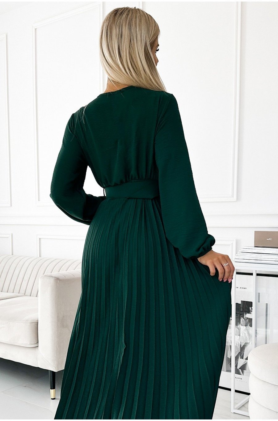 Rochie plisata midi, din voal, verde smarald, cu maneca lunga, petrecuta, Viviana 4 - jojofashion.ro