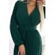 Rochie plisata midi, din voal, verde smarald, cu maneca lunga, petrecuta, Viviana 7 - jojofashion.ro