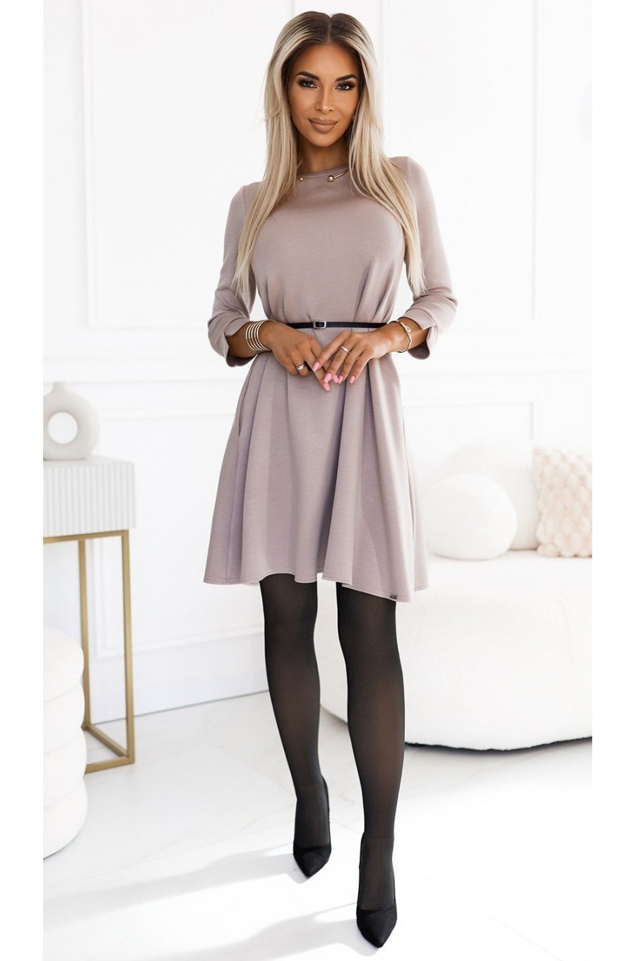 Rochie scurta A-line bej cu maneca lunga Shenya Rochie scurta A-line bej cu maneca lunga Shenya 5 - jojofashion.ro