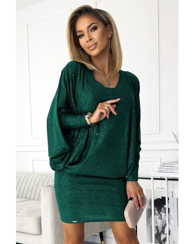 Rochie scurta verde din glitter cu maneca lunga tip liliac Deandra Rochii scurte, Rochie scurta verde din glitter cu maneca lunga tip liliac Deandra - jojofashion.ro