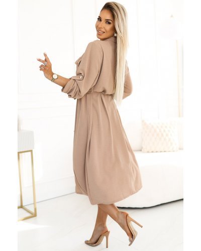 Rochie tip camasa cappuccino midi cu maneca lunga Asiyah Rochii casual, Rochie tip camasa cappuccino midi cu maneca lunga Asiyah - jojofashion.ro