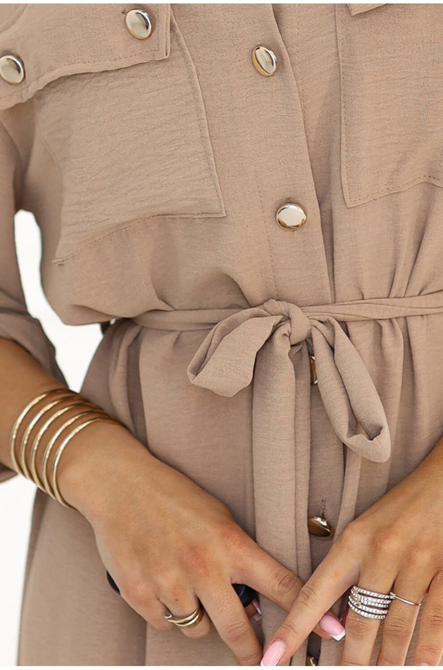 Rochie tip camasa cappuccino midi cu maneca lunga Asiyah 3 - jojofashion.ro