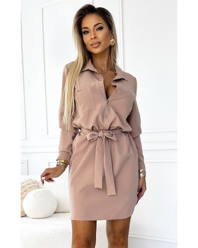 Rochie tip camasa bej scurta cu maneca lunga Flavya Rochii tip camasa, Rochie tip camasa bej scurta cu maneca lunga Flavya - jojofashion.ro