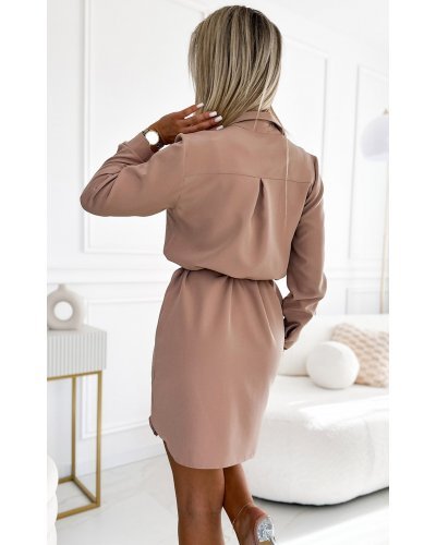 Rochie tip camasa bej scurta cu maneca lunga Flavya Rochii tip camasa, Rochie tip camasa bej scurta cu maneca lunga Flavya - jojofashion.ro