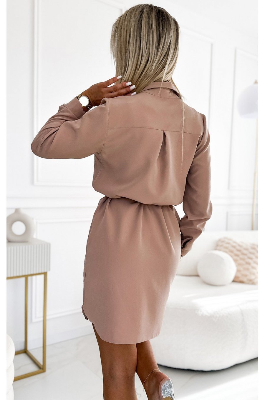 Rochie tip camasa bej scurta cu maneca lunga Flavya 2 - jojofashion.ro