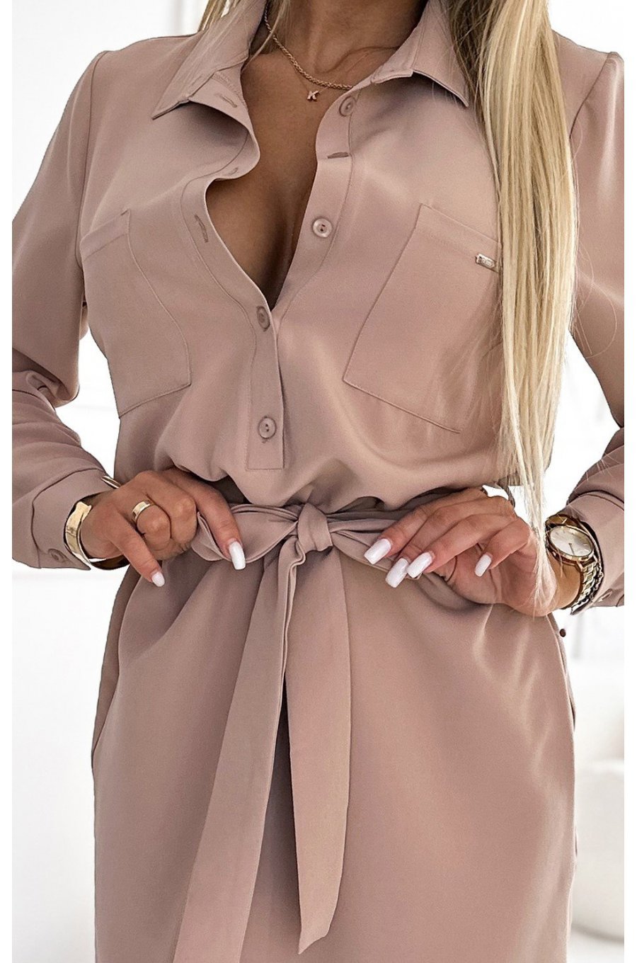 Rochie tip camasa bej scurta cu maneca lunga Flavya 4 - jojofashion.ro