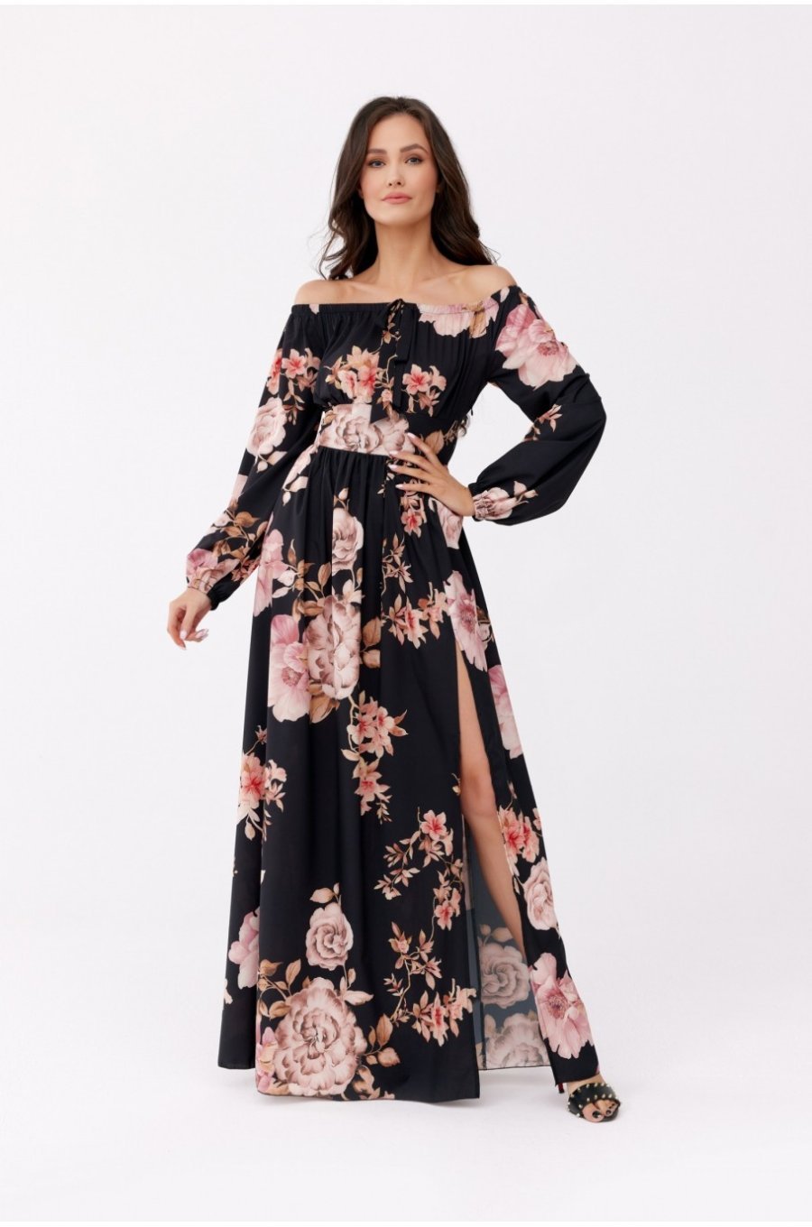 Rochie lunga de vara vaporoasa cu flori cu maneca lunga si umeri goi Blanca 3 - jojofashion.ro