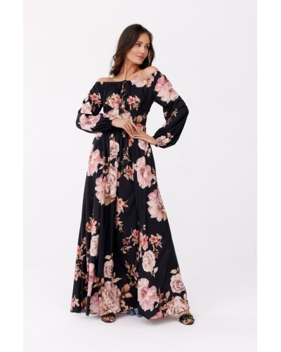 Rochii, Rochie lunga de vara vaporoasa cu flori cu maneca lunga si umeri goi Blanca - jojofashion.ro
