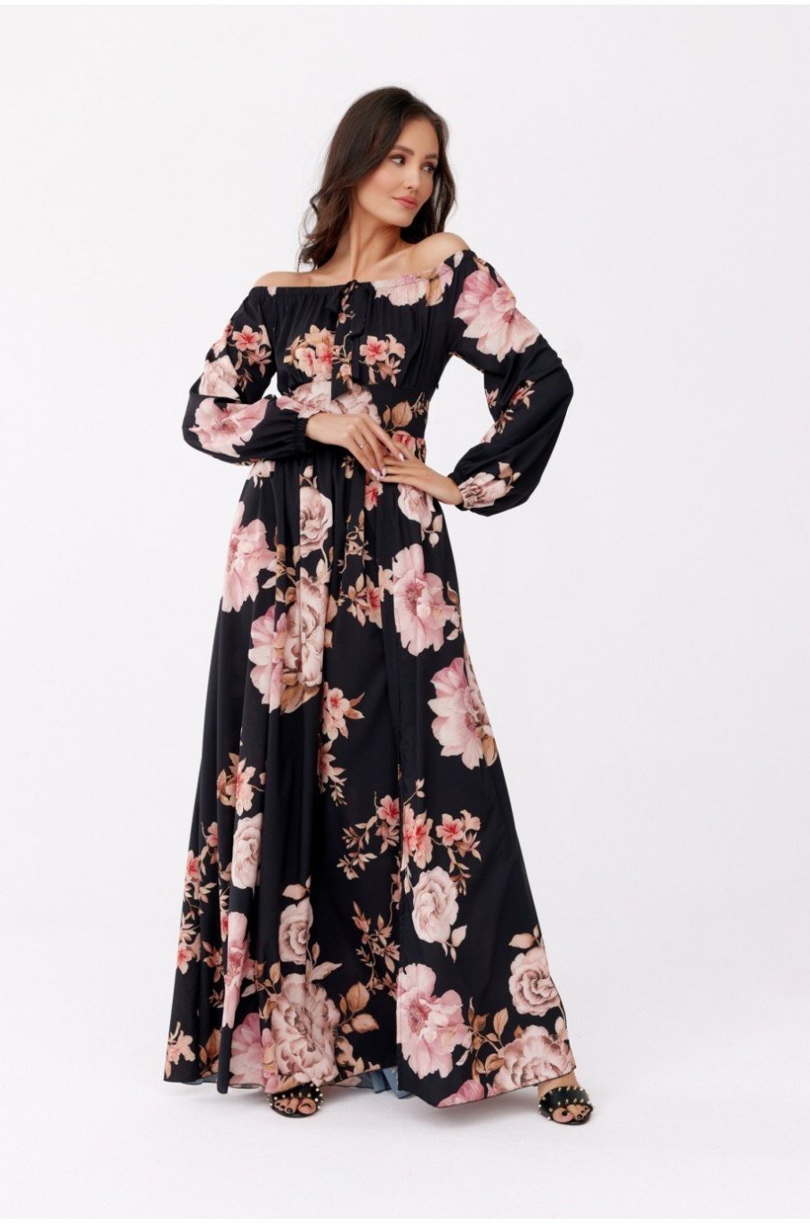 Rochie lunga de vara vaporoasa cu flori cu maneca lunga si umeri goi Blanca 1 - jojofashion.ro