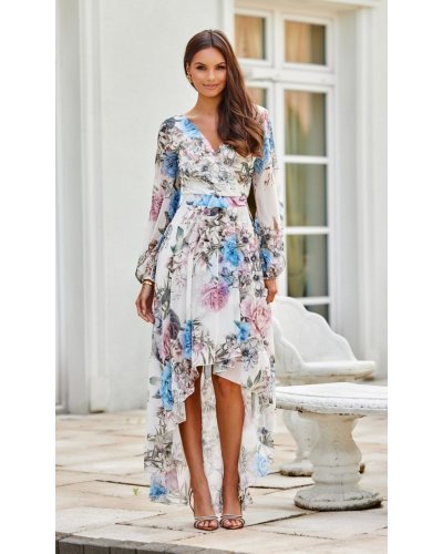 Rochie din voal ecru cu flori bleu vaporoasa cu maneca lunga Sureya Rochii de zi, Rochie din voal ecru cu flori bleu vaporoasa cu maneca lunga Sureya - jojofashion.ro