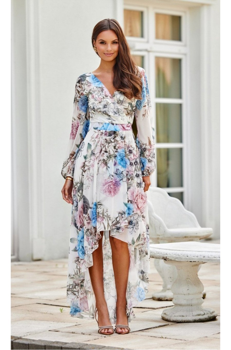Rochie din voal ecru cu flori bleu vaporoasa cu maneca lunga Sureya 1 - jojofashion.ro