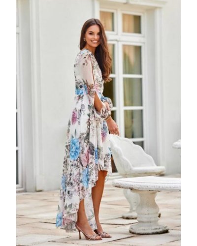 Rochie din voal ecru cu flori bleu vaporoasa cu maneca lunga Sureya Rochii de zi, Rochie din voal ecru cu flori bleu vaporoasa cu maneca lunga Sureya - jojofashion.ro