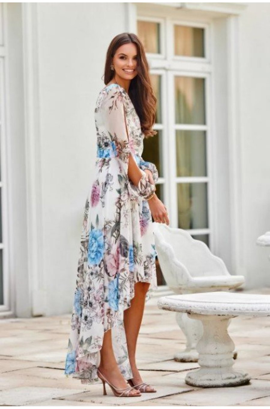 Rochie din voal ecru cu flori bleu vaporoasa cu maneca lunga Sureya 2 - jojofashion.ro