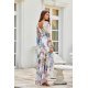 Rochie din voal ecru cu flori bleu vaporoasa cu maneca lunga Sureya 4 - jojofashion.ro