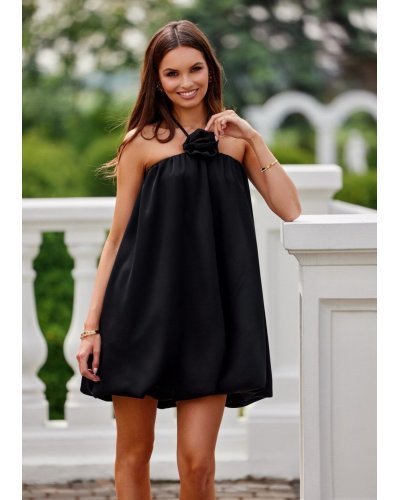 Rochie neagra din satin babydoll scurta cu umerii goi SienaR Rochii satin, Rochie neagra din satin babydoll scurta cu umerii goi SienaR - jojofashion.ro