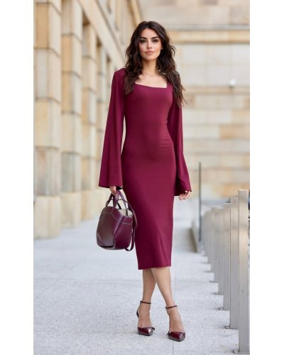 Rochie midi clasica din vascoza burgundy cu maneca lunga JanetR Rochii de zi, Rochie midi clasica din vascoza burgundy cu maneca lunga JanetR - jojofashion.ro