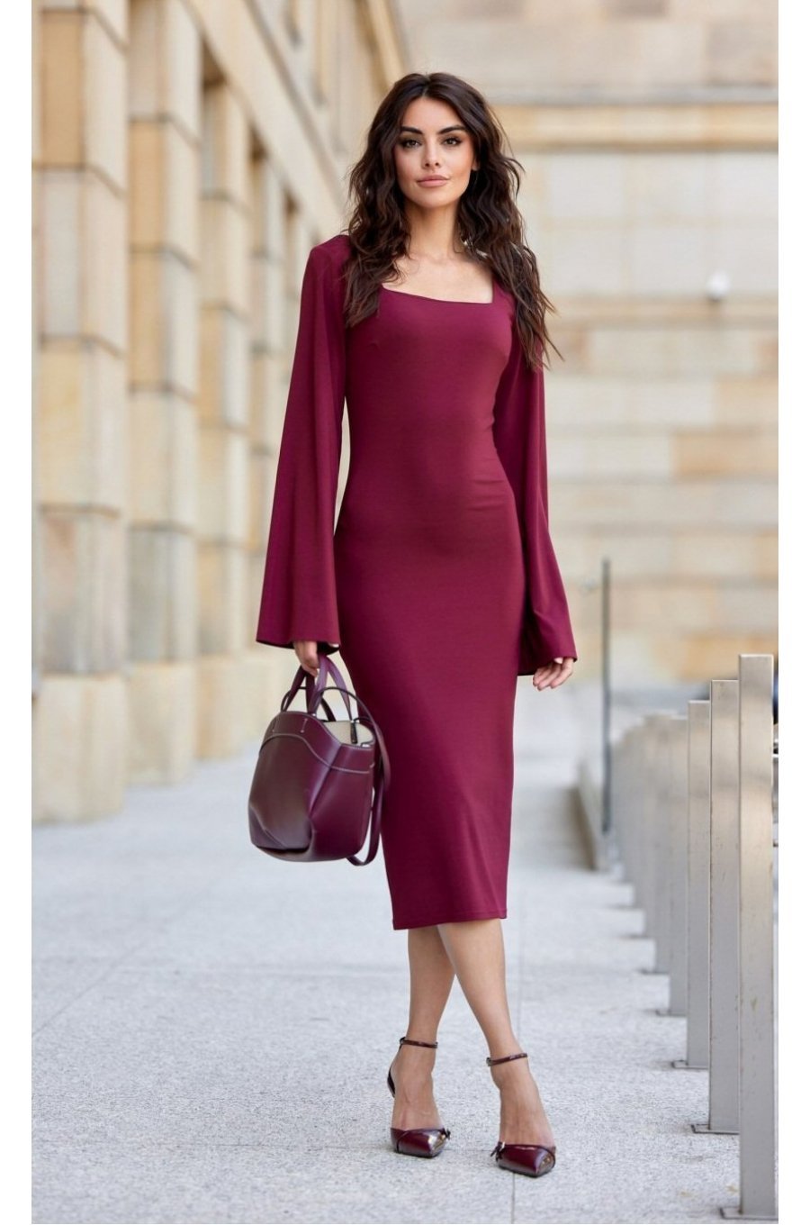 Rochie midi clasica din vascoza burgundy cu maneca lunga JanetR 1 - jojofashion.ro