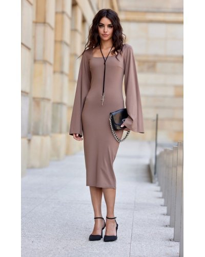 Rochie midi din vascoza cappuccino cu maneca lunga clasica JanetR Rochii de zi, Rochie midi din vascoza cappuccino cu maneca lunga clasica JanetR - jojofashion.ro