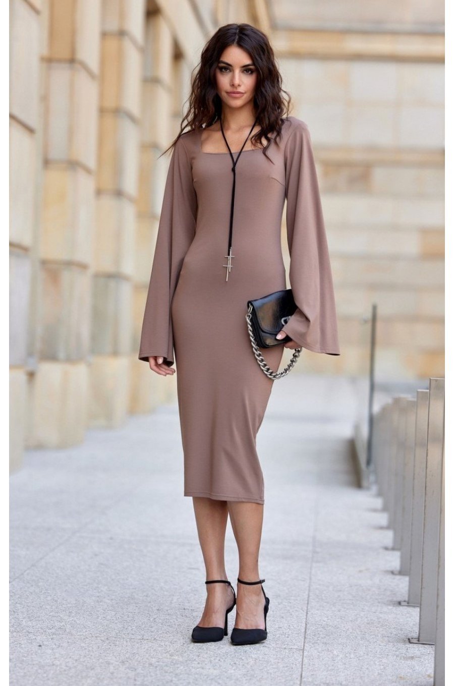 Rochie midi din vascoza cappuccino cu maneca lunga clasica JanetR 1 - jojofashion.ro
