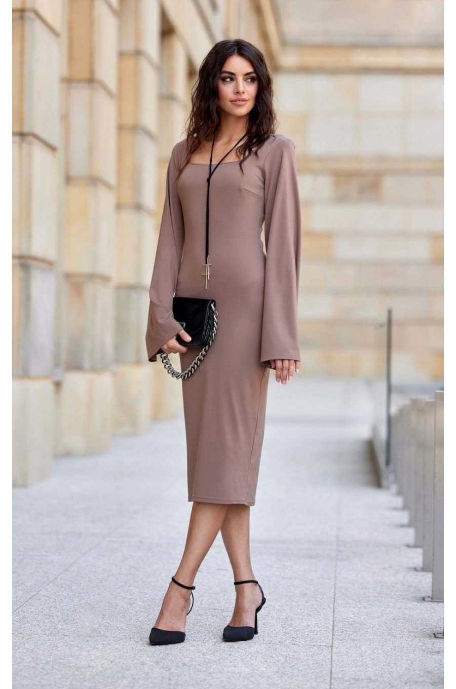 Rochie midi din vascoza cappuccino cu maneca lunga clasica JanetR 3 - jojofashion.ro