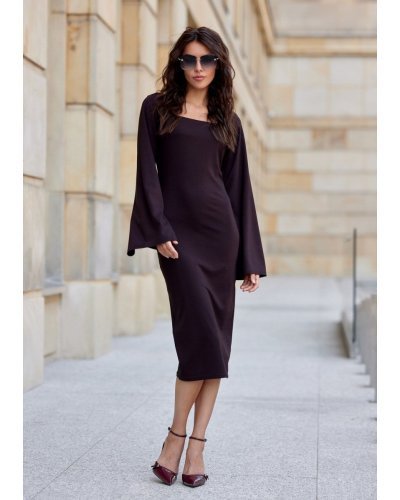 Rochie midi din vascoza maro cu maneca lunga clasica JanetR Rochii de zi, Rochie midi din vascoza maro cu maneca lunga clasica JanetR - jojofashion.ro