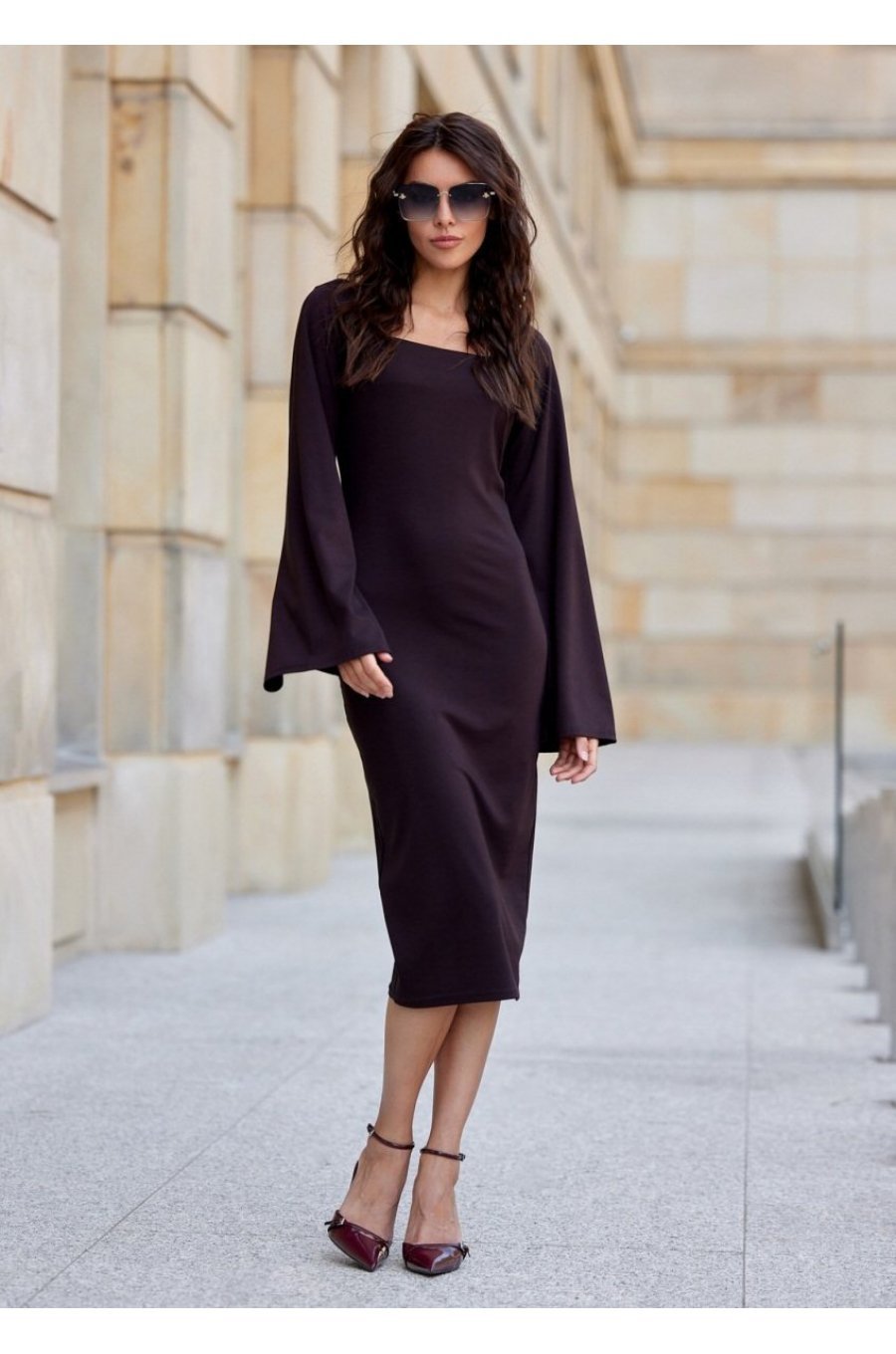 Rochie midi din vascoza maro cu maneca lunga clasica JanetR 1 - jojofashion.ro
