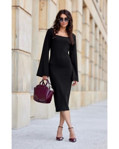 Rochie midi neagra din vascoza cu maneca lunga clasica JanetR Rochii de zi, Rochie midi neagra din vascoza cu maneca lunga clasica JanetR - jojofashion.ro