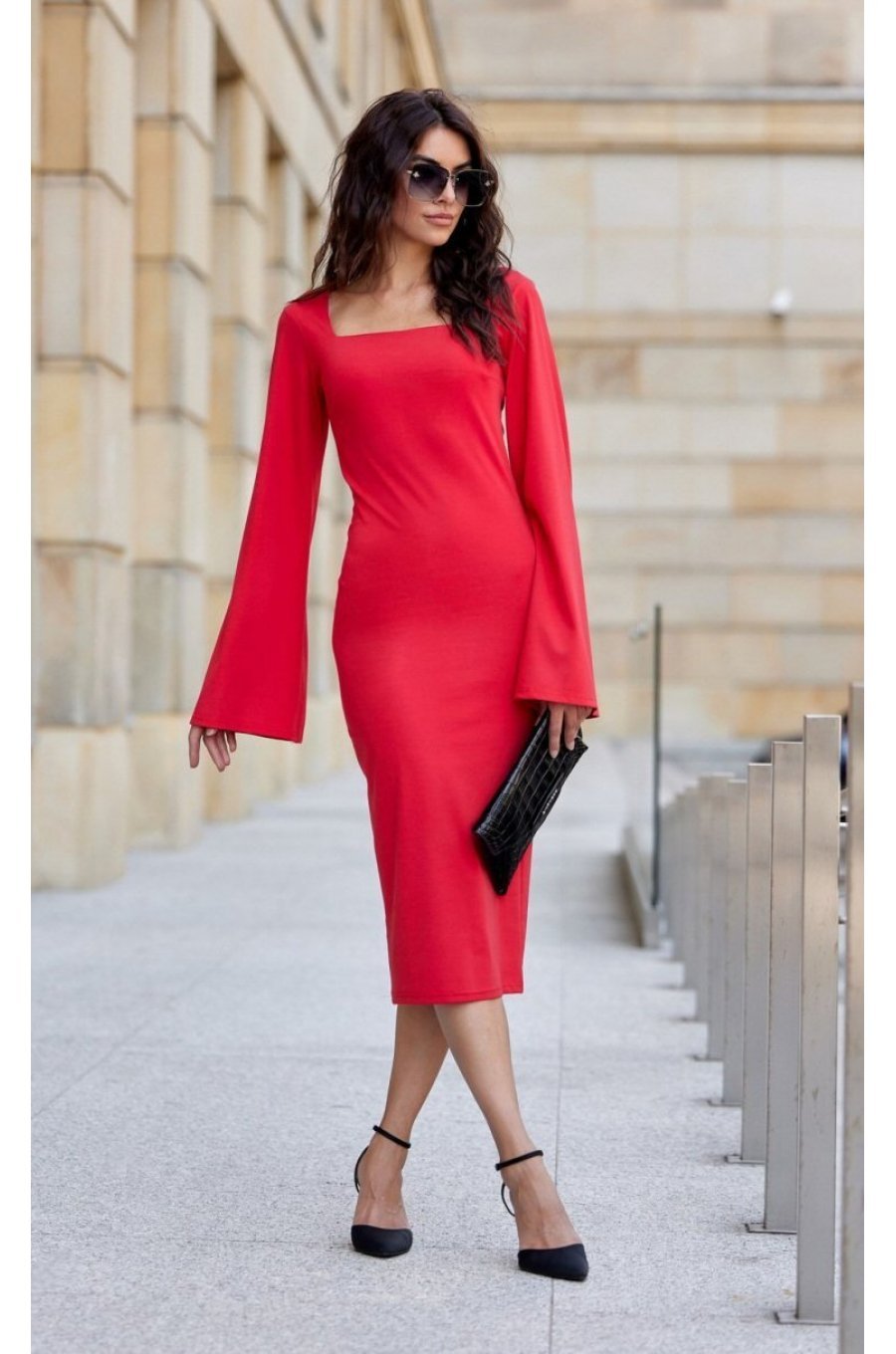Rochie rosie clasica midi din vascoza cu maneca lunga JanetR 1 - jojofashion.ro