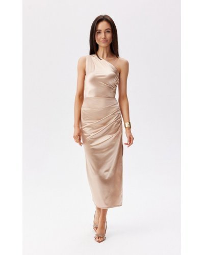 Rochie cununie civila lunga din satin bej cu un umar gol ElenR Rochii de Ocazie Elegante, Rochie cununie civila lunga din satin bej cu un umar gol ElenR - jojofashion.ro