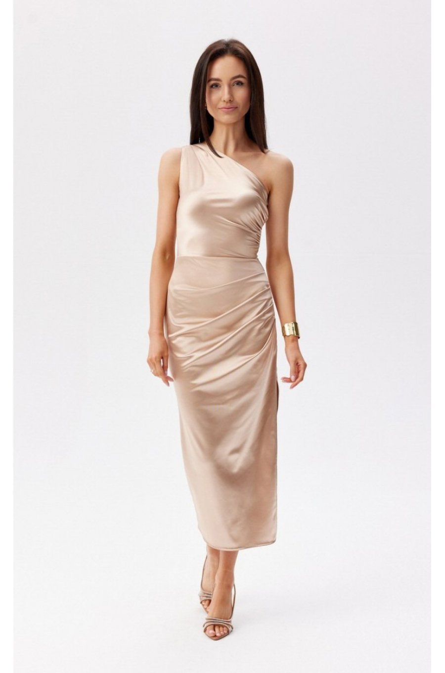 Rochie cununie civila lunga din satin bej cu un umar gol ElenR 1 - jojofashion.ro