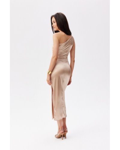 Rochie cununie civila lunga din satin bej cu un umar gol ElenR Rochii de Ocazie Elegante, Rochie cununie civila lunga din satin bej cu un umar gol ElenR - jojofashion.ro