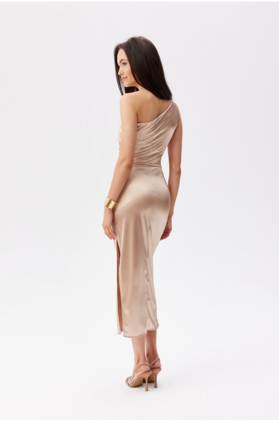 Rochie cununie civila lunga din satin bej cu un umar gol ElenR 2 - jojofashion.ro