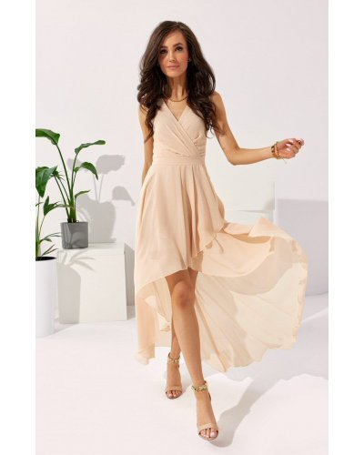 Rochie cununie civila lunga, din voal bej, asimetrica, vaporoasa, petrecuta, Fiona Rochii lungi, Rochie cununie civila lunga, din voal bej, asimetrica, vaporoasa, petrecuta, Fiona - jojofashion.ro
