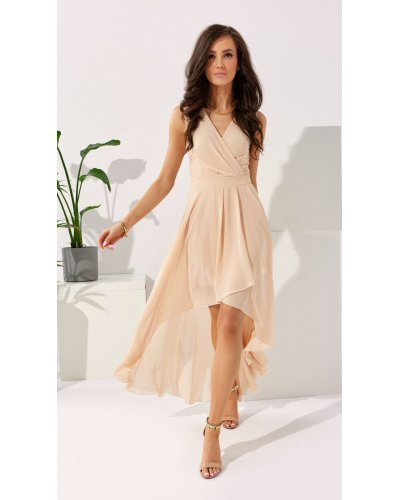 Rochie cununie civila lunga, din voal bej, asimetrica, vaporoasa, petrecuta, Fiona Rochii lungi, Rochie cununie civila lunga, din voal bej, asimetrica, vaporoasa, petrecuta, Fiona - jojofashion.ro