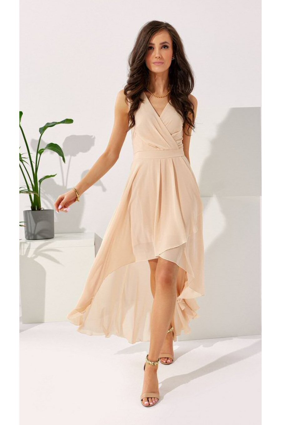 Rochie cununie civila lunga, din voal bej, asimetrica, vaporoasa, petrecuta, Fiona 2 - jojofashion.ro